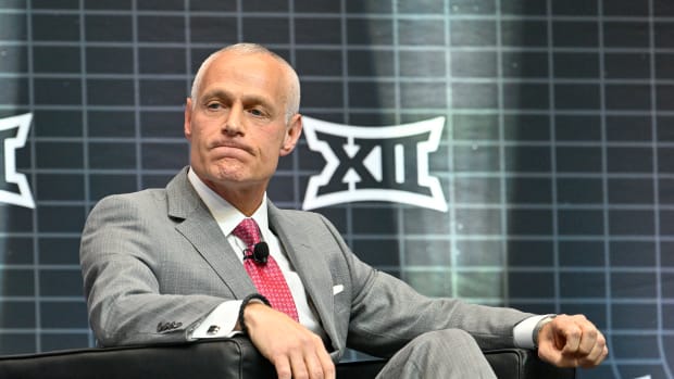 Jul 12, 2023; Arlington, TX, USA; Big 12 Commissioner Brett Yormark speaks to the press during Big 12 football media day at AT&T Stadium. Mandatory Credit: Jerome Miron-USA TODAY Sports